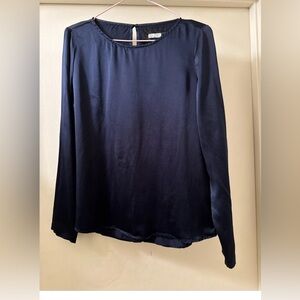reformation navy silk blouse top long sleeve crew neck sz L